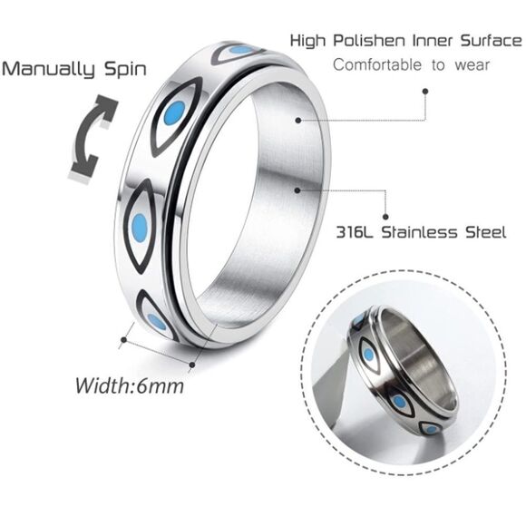 316L Stainless Silver & Blue Evil Eye Fidget Anxiety Stress Relieving Spin Ring - Picture 5 of 5